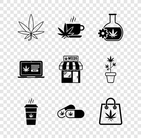 Set Marijuana or cannabis leaf, Cup tea with marijuana, Test tube, coffee Ilustración de archivo