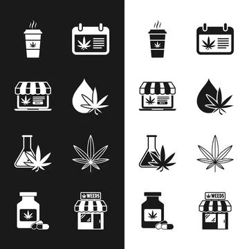 Set Marijuana or cannabis leaf oil, Online buying marijuana, Cup coffee with Ilustración de archivo
