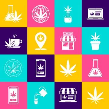 Set Marijuana or cannabis leaf, Test tube with marijuana, plant in pot, Location Ilustración de archivo