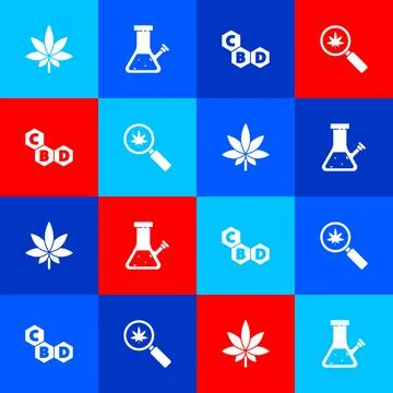 Set Marijuana or cannabis leaf, Glass bong for smoking, Cannabis molecule and Stock Illustration