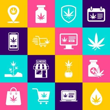 Set Marijuana or cannabis leaf oil, Medical bottle with marijuana, Shield and Ilustración de archivo
