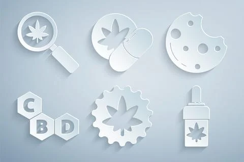 Set Marijuana or cannabis leaf, Cookies with marijuana, Cannabis molecule, olive Stock Illustration
