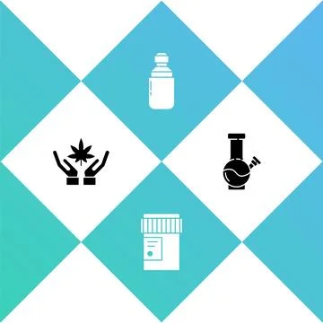 Set Marijuana or cannabis leaf, Medical bottle with, olive oil and Glass bong Stock Illustration