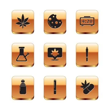 Set Marijuana or cannabis leaf, olive oil, joint, Location and, Glass bong .. Stock Illustration