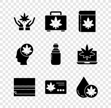 Set Marijuana or cannabis leaf, Shopping box of marijuana, Book and, Rollin.. Stock Illustration