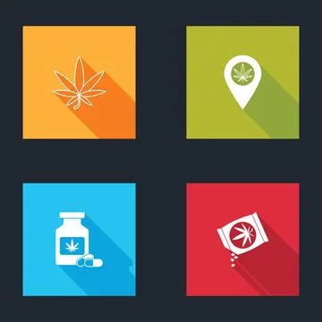 Set Marijuana or cannabis leaf, Location and marijuana, Medical bottle with a Stock Illustration