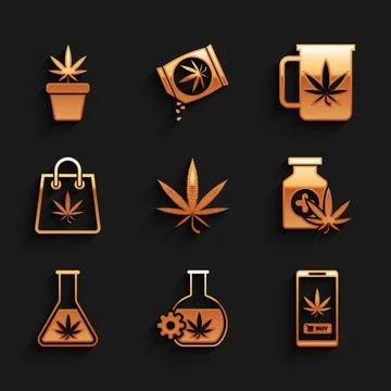 Set Marijuana or cannabis leaf, Test tube with marijuana, Online buying, Me.. Stockillustratie