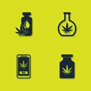 Set Marijuana or cannabis leaf oil, Medical bottle with marijuana, Online buy Stock Illustration