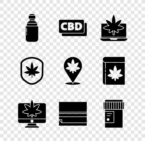 Set Marijuana or cannabis olive oil, Cannabis molecule, Laptop and marijuana Stock Illustration