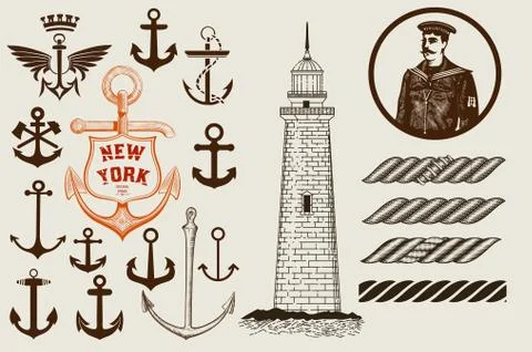 Set of marine and nautical elements. Vector Stock Illustration