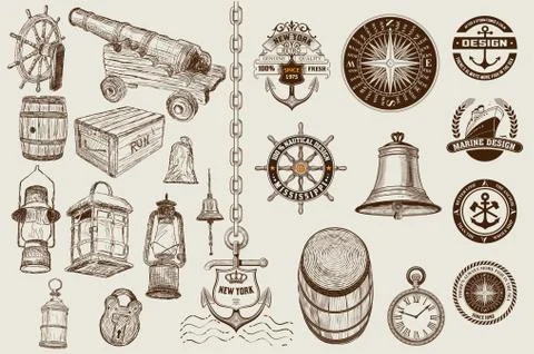Set of marine and nautical elements. Vector Stock Illustration