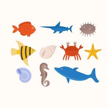 Set of marine animals on a white background Stock Illustration