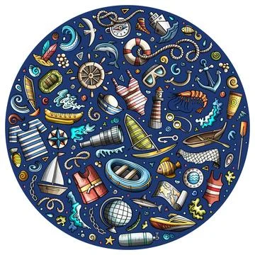Set of Marine cartoon doodle objects. Round composition イラスト素材