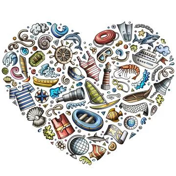 Set of Marine cartoon doodle objects. Heart form composition Stock Illustration