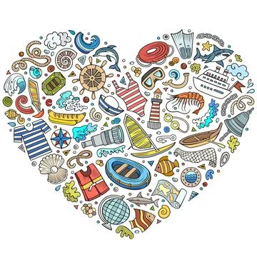 Set of Marine cartoon doodle objects. Heart form composition Stock Illustration