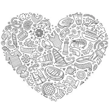 Set of Marine cartoon doodle objects. Heart form composition Stock Illustration