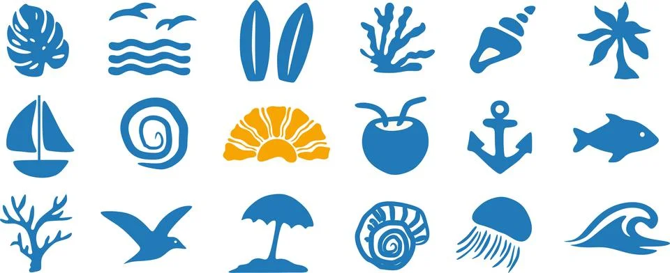 Set of marine elements in flat style, ocean icons collection 스톡 일러스트