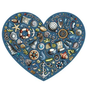 Set of Marine, Nautical cartoon objects Illustrazione stock