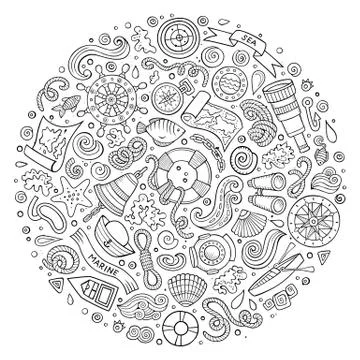 Set of Marine, Nautical cartoon objects Stock Illustration
