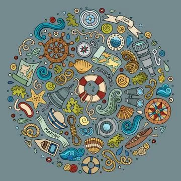 Set of Marine, Nautical cartoon objects イラスト素材