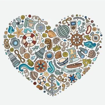 Set of Marine, Nautical cartoon objects Stock Illustration