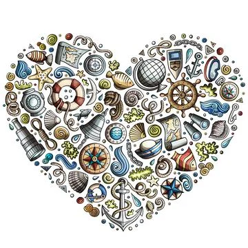 Set of Marine, Nautical cartoon objects Stock Illustration