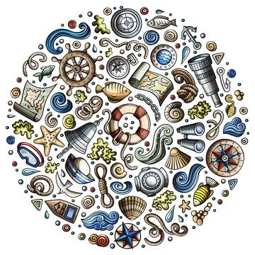 Set of Marine, Nautical cartoon objects Stock Illustration
