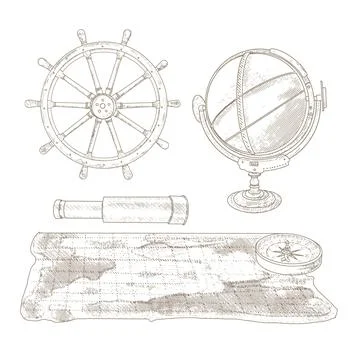 A set of marine objects in an engraved style Stock Illustration