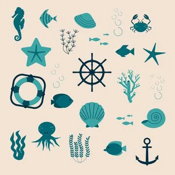 A set on a marine theme. fish, crab, octopus, algae, starfish. monochrome Stock Illustration