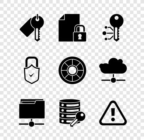 Set Marked key, Document and lock, Cryptocurrency, FTP folder, Server security Illustrazione stock
