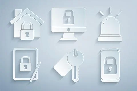 Set Marked key, Motion sensor, Tablet with closed padlock, Mobile, Lock computer Stock Illustration