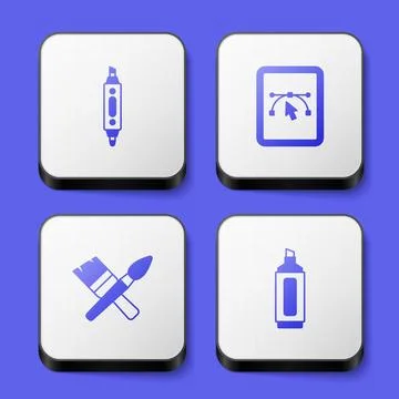 Set Marker pen, Computer with design program, Paint brush and  icon. White .. Stock Illustration