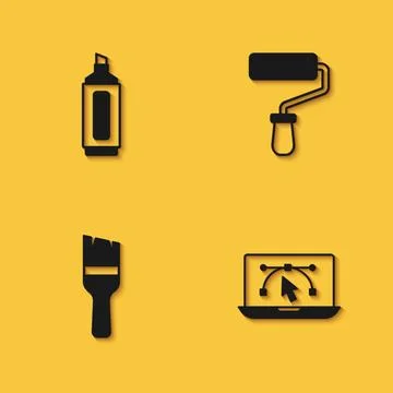 Set Marker pen, Computer with design program, Paint brush and roller icon w.. Stock Illustration