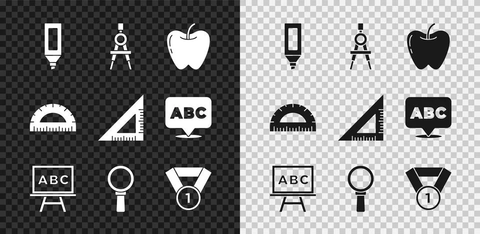 Set Marker pen, Drawing compass, Apple, Chalkboard, Magnifying glass, Medal.. Stock Illustration