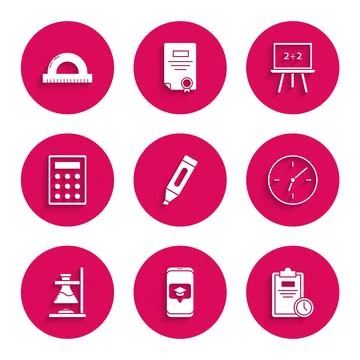 Set Marker pen Graduation cap on screen smartphone Exam sheet with clock Cloc Stock Illustration