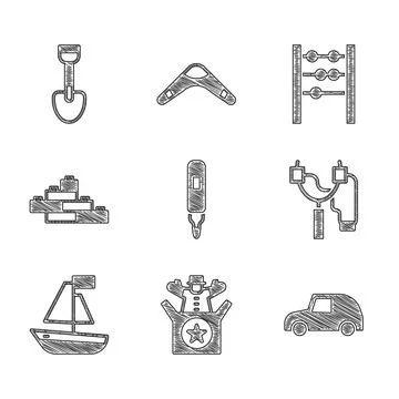 Set Marker pen, Jack in the box toy, Toy car, Slingshot, boat, building block Ilustración de archivo