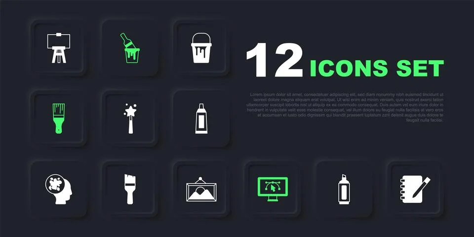 Set Marker pen, Notebook, Magic wand, Computer with design program, Paint b.. Illustrazione stock