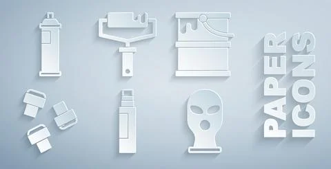 Set Marker pen, Paint bucket, attachment, Balaclava, roller brush and spray can Stock Illustration