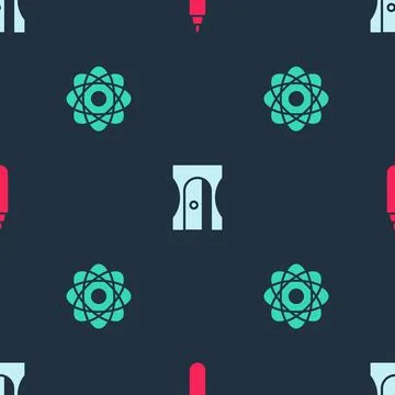 Set Marker pen, Pencil sharpener and Atom on seamless pattern. Vector イラスト素材