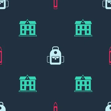 Set Marker pen, School backpack and building on seamless pattern. Vector Ilustración de archivo