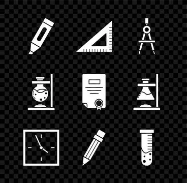 Set Marker pen, Triangular ruler, Drawing compass, Clock, Pencil with eraser Stock Illustration