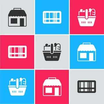Set Market store, Barcode and Shopping basket and food icon. Vector Stock Illustration
