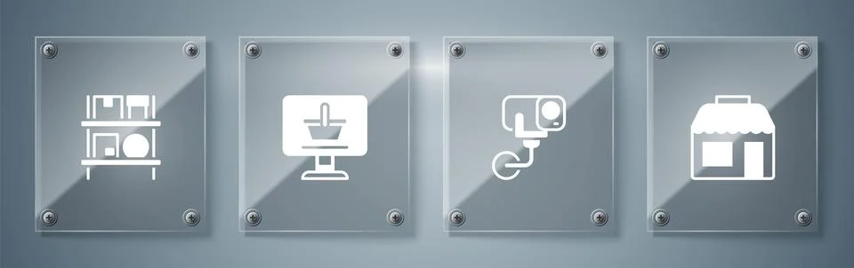 Set Market store, Security camera, Shopping cart on computer and Warehouse Stock Illustration