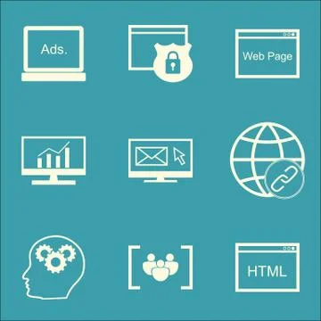 Set Of Marketing Icons On Coding, Security And Connectivity Topics. Editable  Stock Illustration
