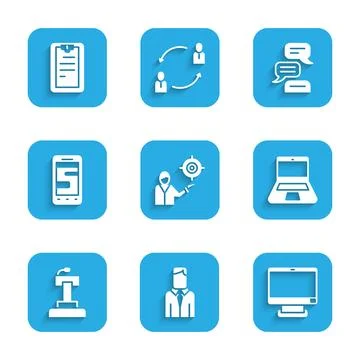 Set Marketing target strategy, Worker, Computer monitor, Laptop, Stage stand Illustrazione stock