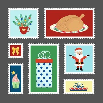 Set marks. Christmas stamps. Flat, cartoon, vector Stock Illustration