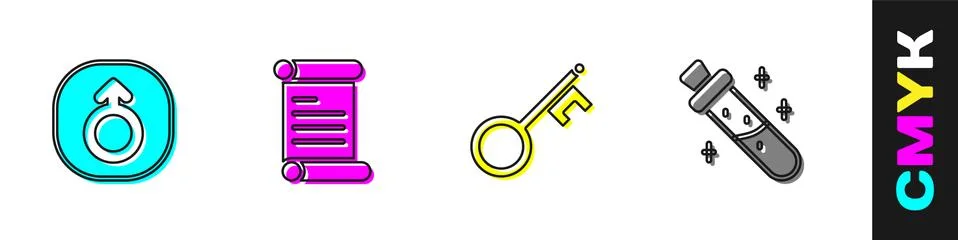 Set Mars, Decree, parchment, scroll, Old key and Bottle with potion icon. Vector Stock Illustration