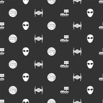 Set Mars rover, Alien, Planet and Cosmic ship on seamless pattern. Vector 스톡 일러스트