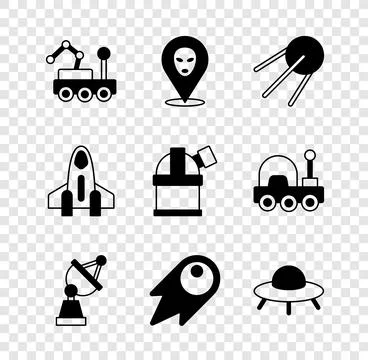 Set Mars rover, Alien, Satellite, dish, Comet falling down fast, UFO flying.. Stock-Illustration