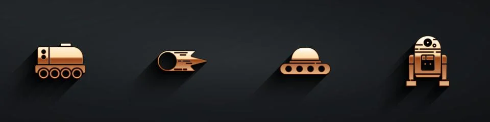 Set Mars rover, Comet falling down fast, UFO flying spaceship and Robot icon Stock-Illustration